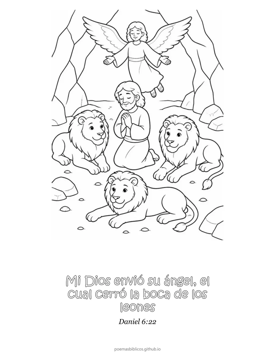 Daniel en el foso de los leones para colorear, con el versículo Daniel 6:22