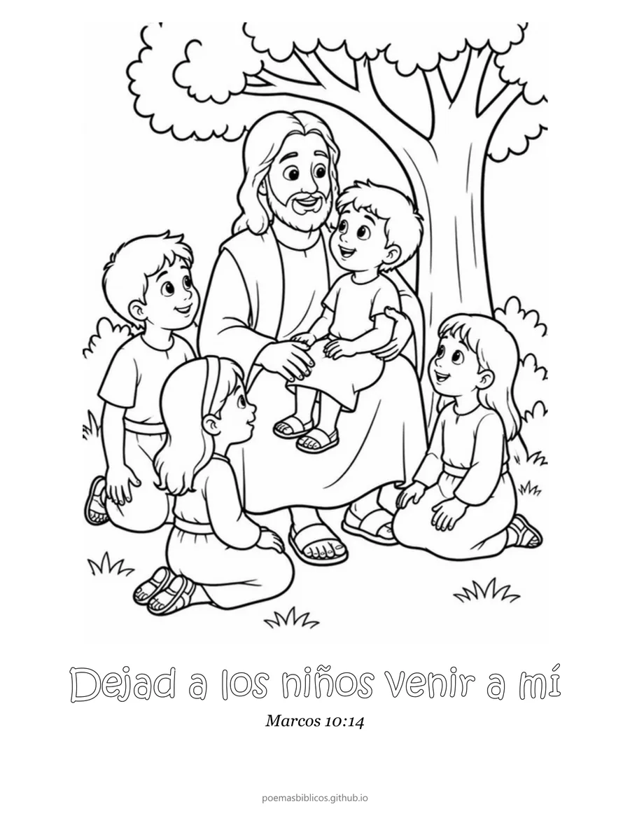 Jesús y los niños para colorear, con el versículo Marcos 10:14