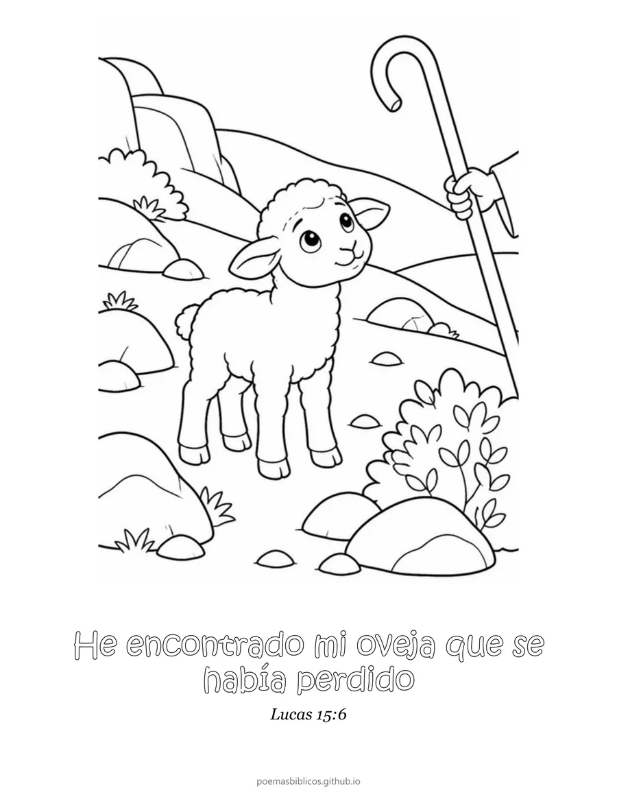 La oveja perdida para colorear, con el versículo Lucas 15:6